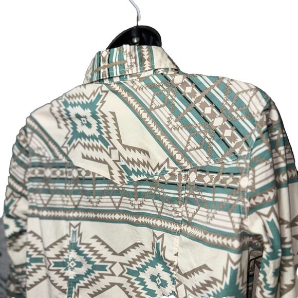 NWOT Rock Roll Denim Medium Cowgirl Aztec Western Shirt Women Blue White Rodeo - Picture 6 of 10
